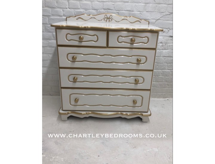Off White & Gold Chest Of Drawers With Gold Bow