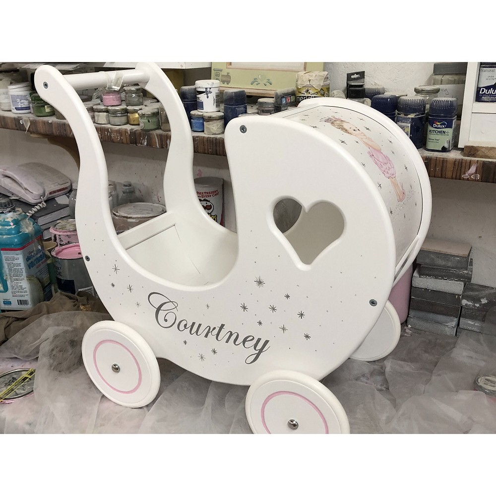 Personalised Hand Painted Wooden Dolls Pram